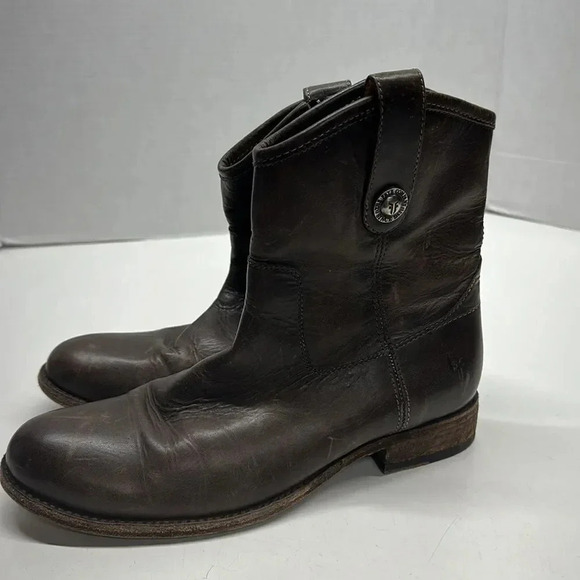 Frye Melissa Button Ankle Boots Leather Distressed Side Zip Up Slate Brown 6.5 B - Picture 6 of 12